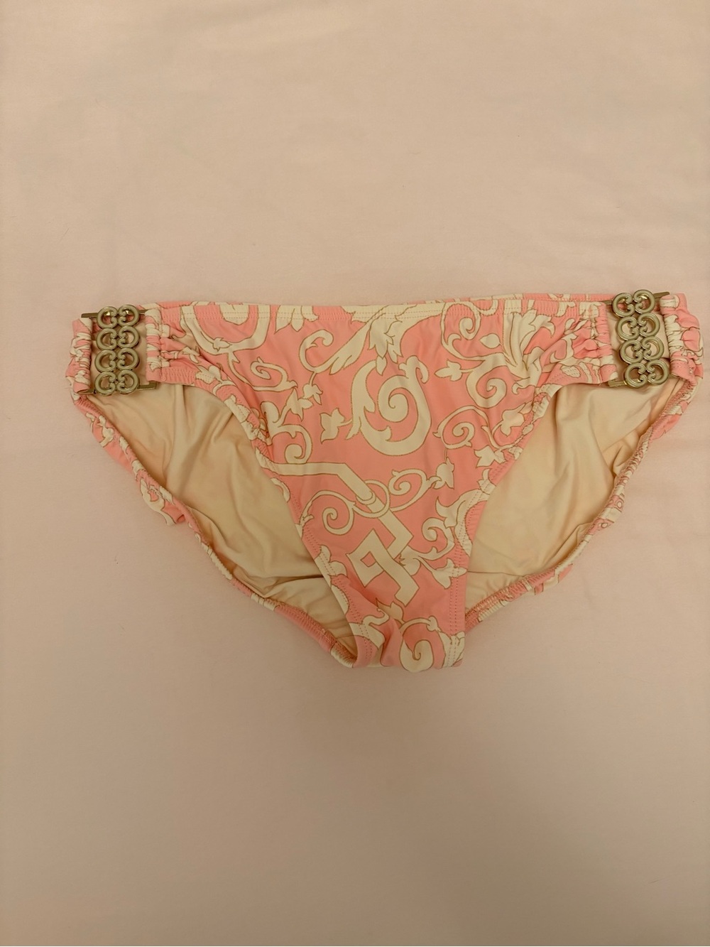 Tara Grinna Pink Decorative Print Bikini Bottom with Gold Accents